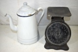 Scale and enamelware coffee pot