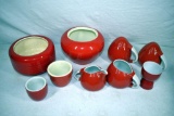 Hall Pottery salt & peppers, creamer & sugar, and dishes