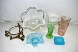Opalescent brides basket and other glassware