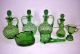 3 Green depression curets, spoon rest and advertising pieces with no advertising left on