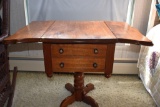 Oak pedestal drop leaf side table with drawers