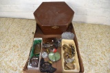 Collar box, hat pins, sterling bottle, jewelry