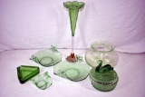 Green depression covered jars, ashtray, vases, dishes