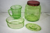 Green depression cookie jar, pitcher and refrigerator jar