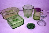 Green depression 2 Refrigerator jars, bottom of beater jar, syrup jar and frog