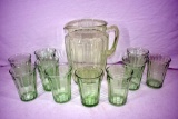 Green depression water pitcher, and 10 glasses