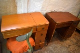 2 Wooden sewing machine cabinets with one roller chair