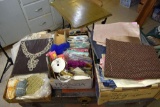 3 boxes of sewing items and stand