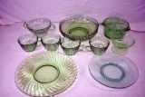 Green depression bowls, 4 coffee cups and other dishes
