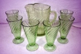 Green depression water pitcher and 6 water glasses