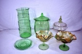Green depression vase, cookie jar, covered dish, and dishes