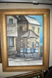 Framed building scene on canvas