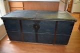 Norwegian flat top immigrant trunk double dated 1866 & 1798 with rosemaling on inside