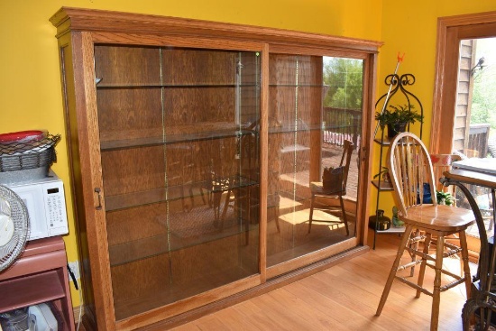 Oak Double Sliding Door Store Cabinet, One Piece, Glass Shelves, 96" Long, 73" Tall, 16" Wide