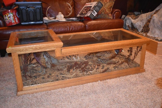 Custom Oak Glass Coffee Table With Double Pheasant Mounts, Side Glass Has Cracks,
