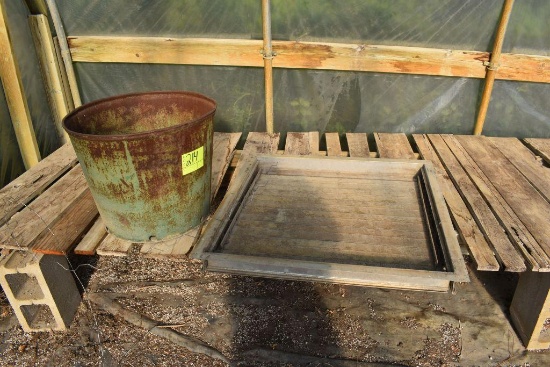 20" metal planter bucket , located in GH 197
