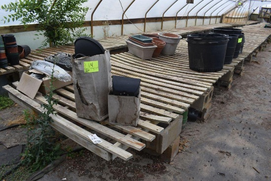 (12) 72" wide wooden greenhouse garden benches approx. 85' total, (13) sections of 40"