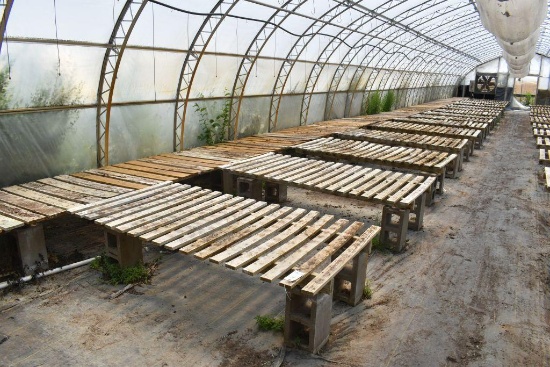 (29) 42"x7' wooden greenhouse garden benches with cinder locks, located in GH2