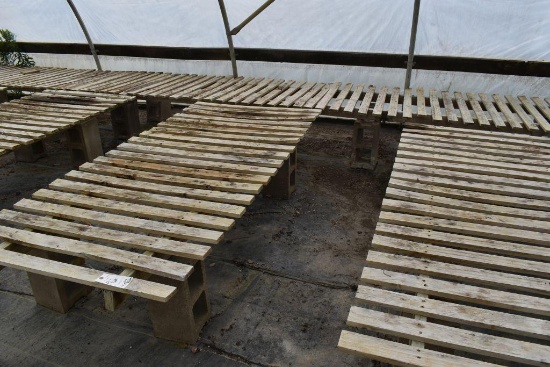 48''x160' wooden greenhouse garden benches with cinder blocks, located in GH 84