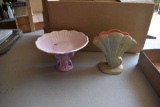 Red Wing Fan Vase ( Has Crack) Red Wing Double Head Compote ( With Small Chip)