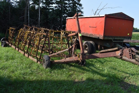9 Section Coil Tine drag on cart, 5' sections, no hydraulic cylinder, needs new tires