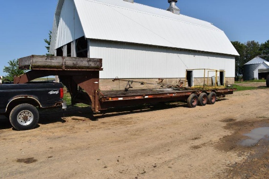 Shop built 32' gooseneck tri axle trailer with top deck 96" wide deck needs replacing, ramps,