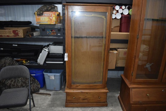 Wooden Gun Cabinet, 66"x 29'', 8 Gun, Glass Door, Bottom Drawer, No Keys