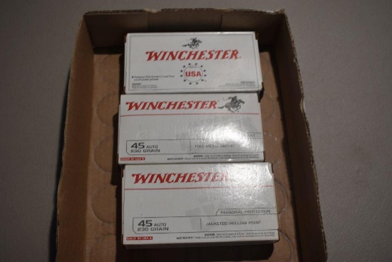 (2) Winchester 45 Auto 230 Grain FMJ, 100 RDs Total, (1) Winchester 45 Auto 185 Gr. BEB