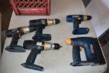 4 Ryobi Cordless Drills (no chargers), 1 Ryobi Stapler