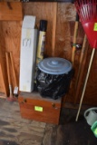 Wooden Craftsman box, used roll of plastic, new roll of landscaping fabric, small garbage can