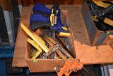 Assorted clamps, corner level, tools