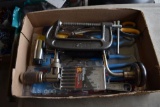 Channel lock, vice grips, C clamp, and assorted tools