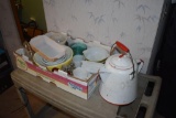 Large assortment of pyrex, fire king, enamel coffee pot