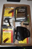 Assorted gun tools, holster, pad & gun locks, 32mm reflex sight