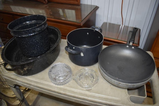 Assortment of Enamelware and non-stick Cookware