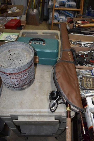 Tackle Box, Minnow Pail & Fishing Rod & Reel in soft case