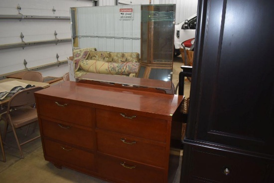 6 Drawer wooden dresser with mirror, 55" long