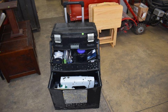 Riccar Model 2600 Super Stich sewing machine with rolling plastic tool box and accessories