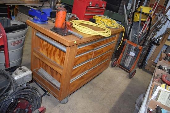Wooden Tool Box on Rollers With Work Table & Vice