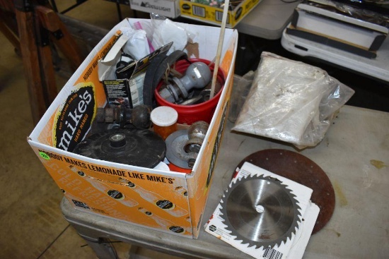 Assorted saw blades, ball hitches, hardware