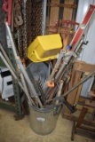 Metal Garbage Can Containing Wooden Clamps, Pipe Clamps & More