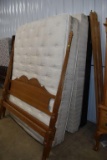 Oak 4 Post Queen Sized bed frame with mattress and box spring, very clean