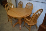 Round Oak Table with one leaf, 4 matching chairs