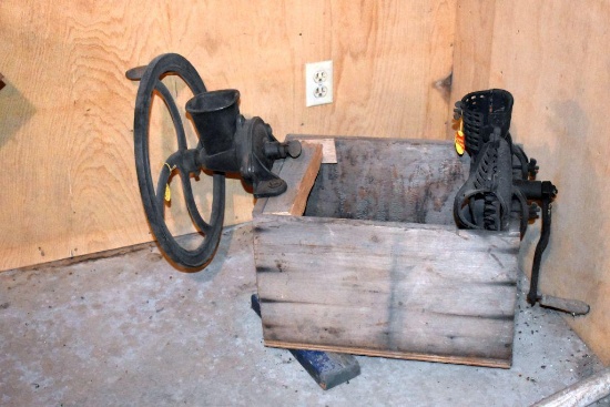 Wooden Box With Blackhawk Hand Corn Sheller And Hand Gristmill