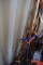 Assorted Yard Tools, Rakes, Tree Trimmer, Pipe Clamps, 5' Steel Bar