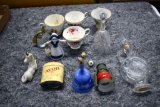 Tea Cups, Bells, Porcelain Figures, Tin of Avon Talc