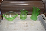 Green depression bowl, and pitchers