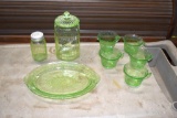 Green depression cups, salt shaker, plater, and jar