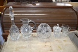 Crystal pitcher, rose bowl, wine decanter, creamer and sugar