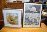 2 floral prints and child's print framed